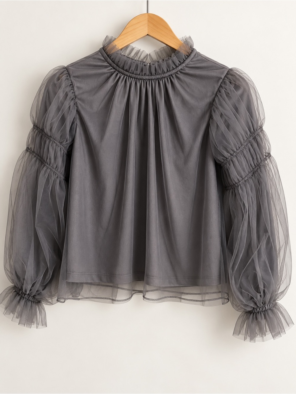 Elegant Gray Sheer Tulle Blouse with Statement Balloon Sleeves